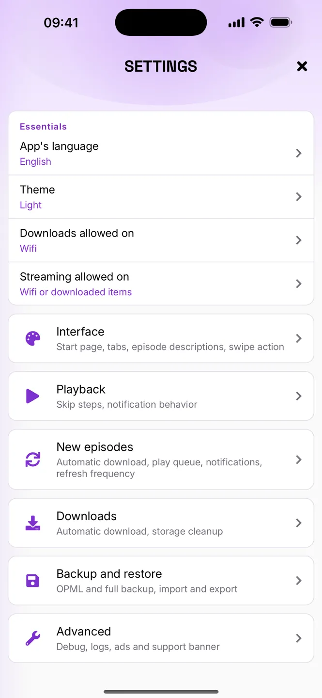 Podcast Tracker on iPhone: settings